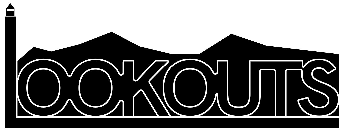 Lookouts logo with L resembling a tower and mountains behind the letters